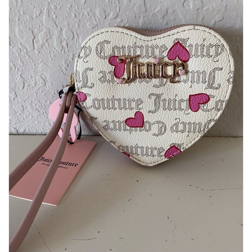 Juicy Couture V-I Heart Juicy Heart Zip Around Wristlet Pecan White Pink NEW
